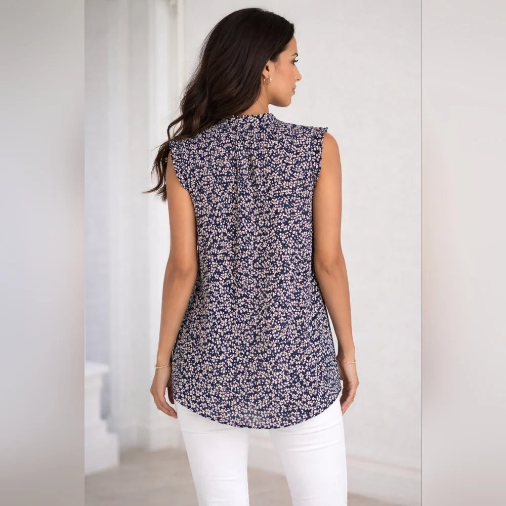 Harlowe & Graham Navy Floral Ruffle Neck Tunic Blouse Size L Boho Romantic Boho - Picture 3 of 11